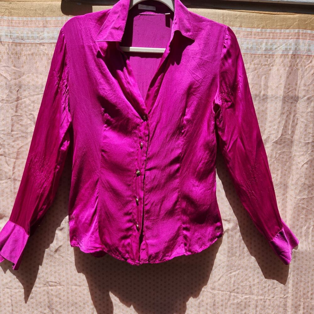 Robert Friedman 100% Silk Magenta Pink Gold Button Up Blouse Collared Shirt Sz S